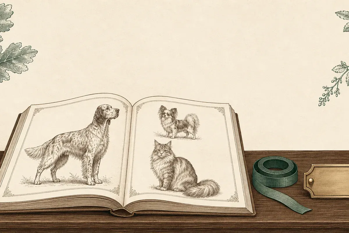 Registre ouvert et planches gravées de races de chiens et de chats