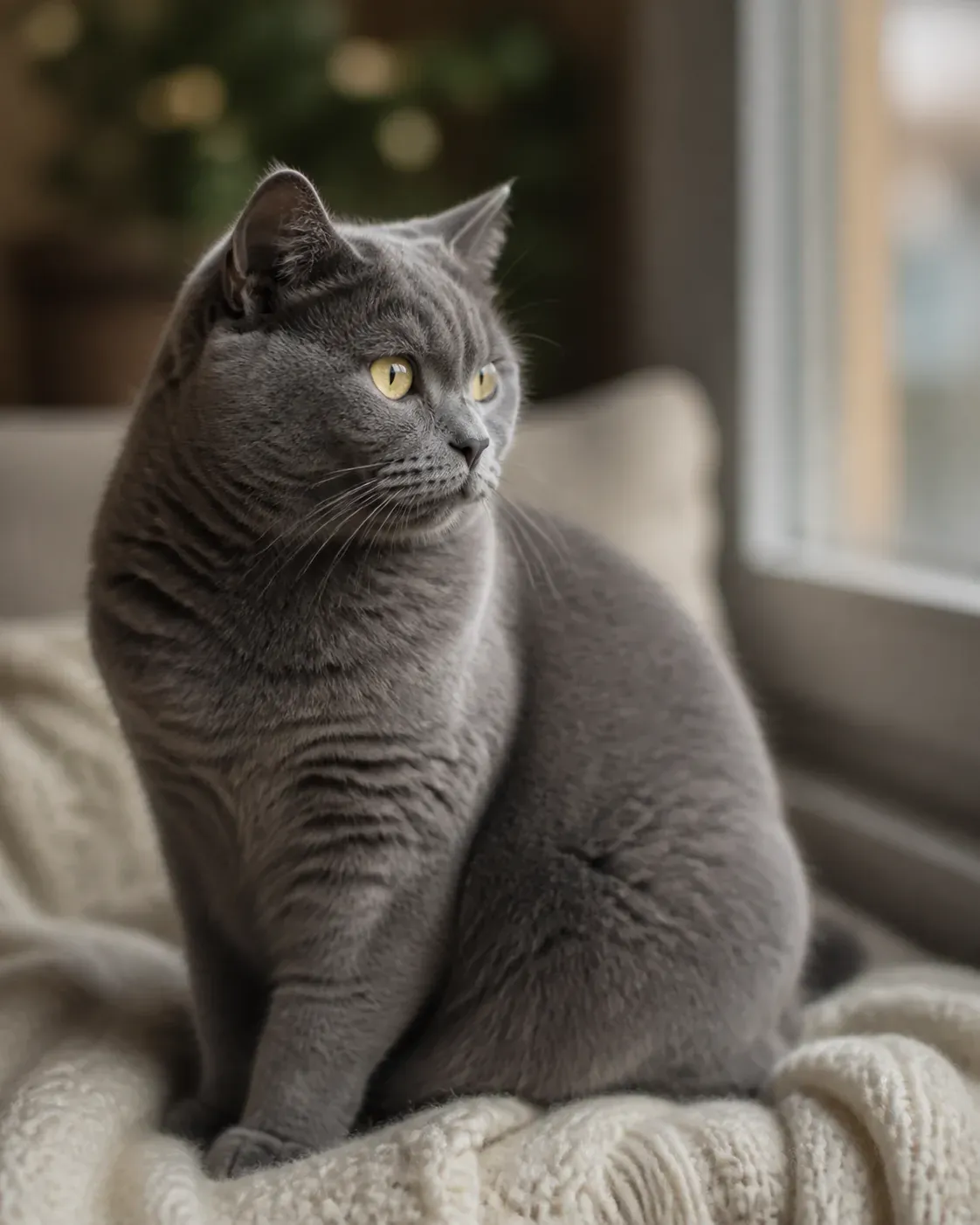 Chat chartreux gris-bleu assis sur un plaid ivoire près d'une fenêtre