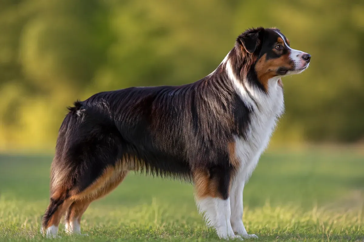 Berger australien tricolore de profil, debout et attentif dans une prairie