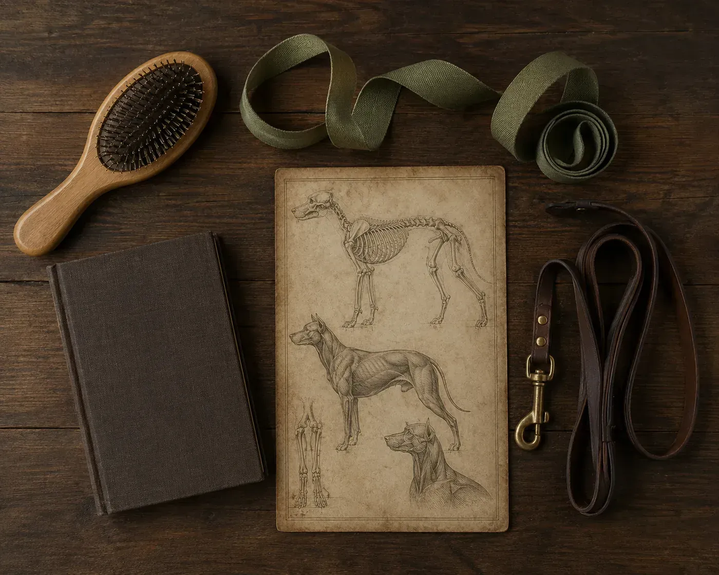 Mètre ruban, brosse de toilettage et planche gravée d'anatomie canine posés sur un établi